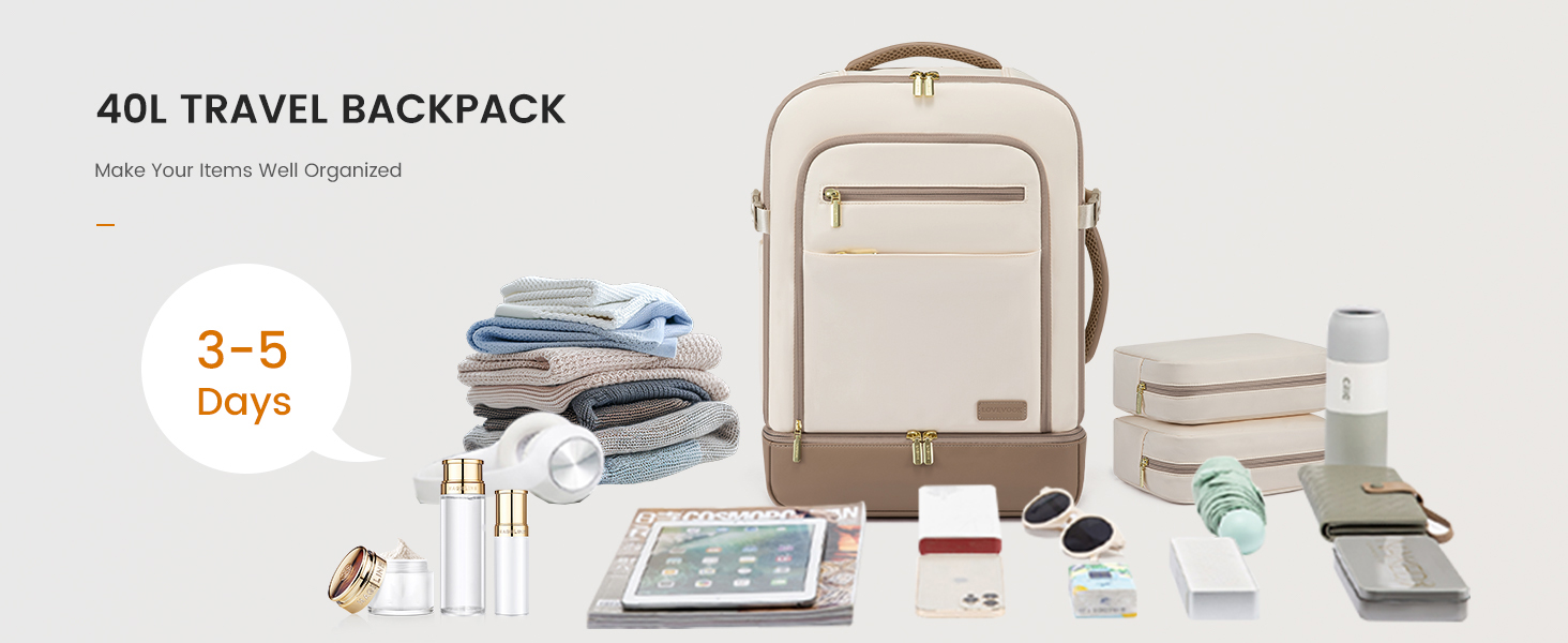 LOVEVOOK Рюкзак для ручної поклажі 40L з окремим відділенням для взуття, жіночий, для подорожей (3 шт.) Бежевий, Зелений