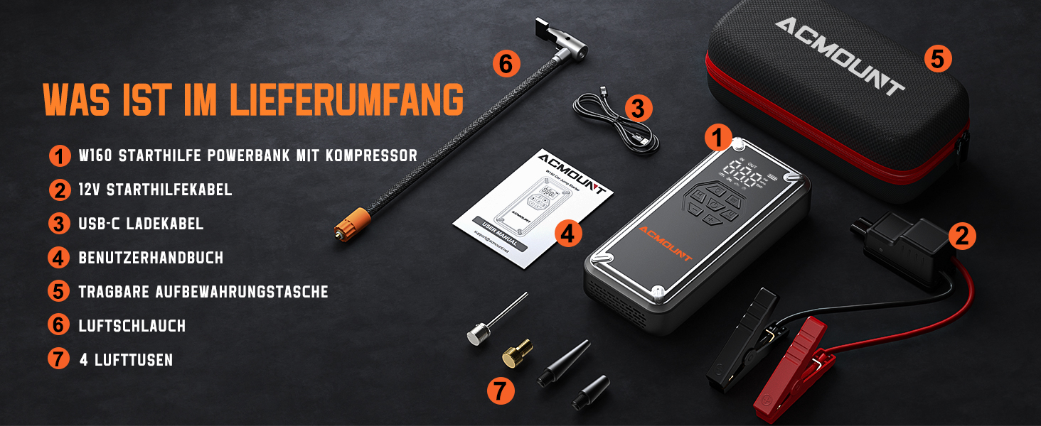 Powerbank для авто Acmount Starthilfe з компресором, 7000A, 150PSI, LCD, LED, до 9L бензину/8L дизеля