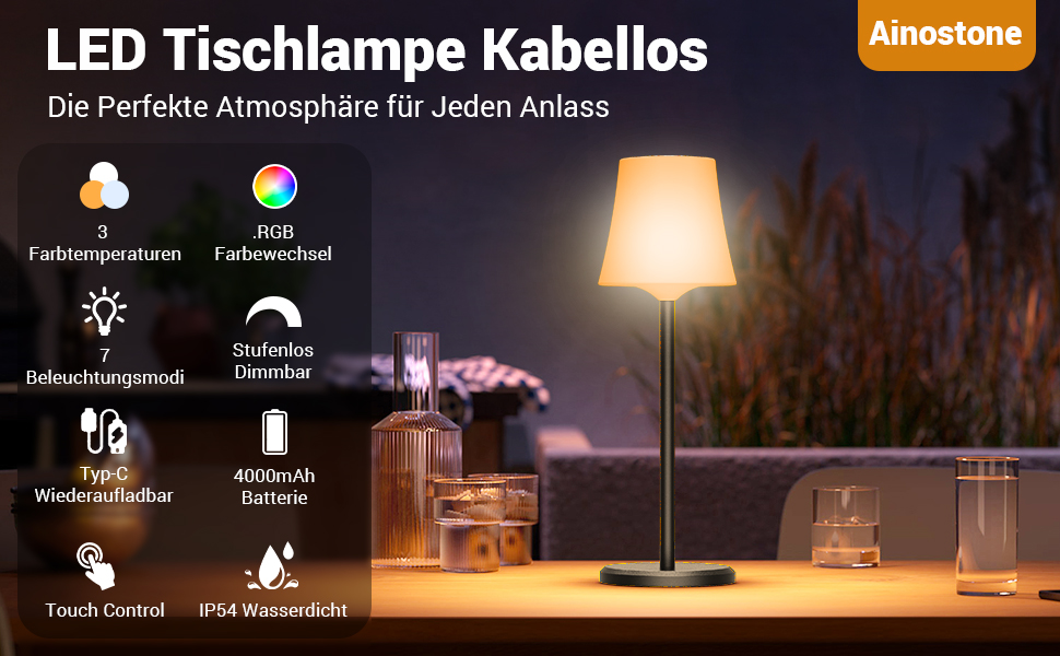 LED Настільна лампа акумуляторна бездротова 2 шт, сенсорна, 3 кольори світла + RGB, димування, USB-C, IP54, для спальні, вулиці, ресторану, бару