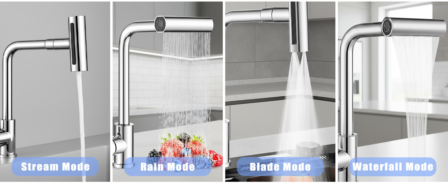 Кухонний змішувач водоспадом Ruimooto з 4 режимами, нержавіюча сталь, 360° обертання, високий тиск