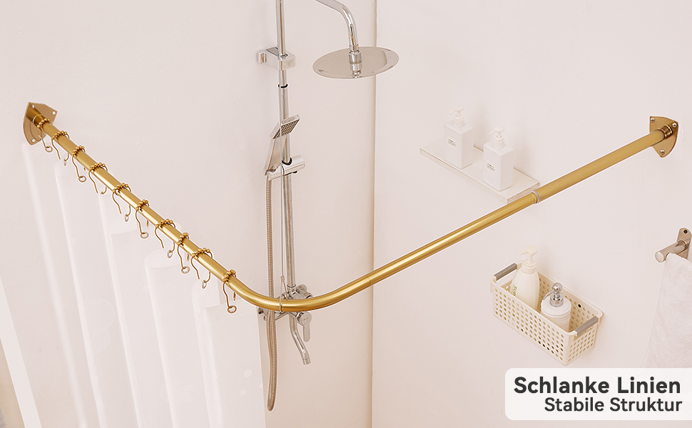 Штанга для душу L-подібна, регульована, з кріпленням для завіси та підпоркою для ванни/ванної кімнати, 12 кілець, монтаж болтами (Золото, 60-130см x 60-130см)