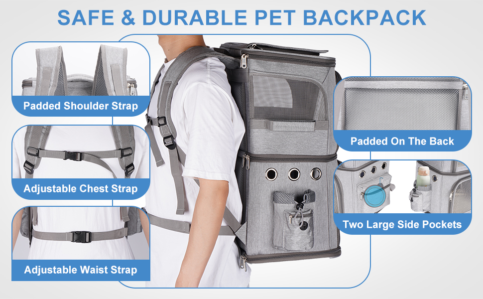 Рюкзак для котів на 2 котів, 2-в-1, знімний подвійний відсік, до 12 кг, переноска, для товстих котів, з вентиляцією, XL, сірий