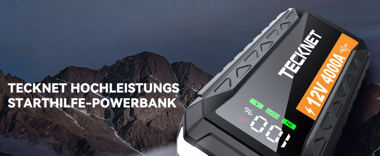 Powerbank для автомобіля TECKNET 4000A 12V: стартер, LED-ліхтарик, екран, кабель для авто, SUV, LKW, мотоциклів