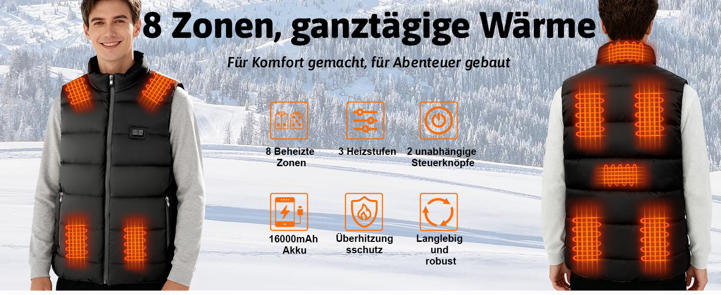 Обогріваючий жилет для чоловіків та жінок з 8 зонами обігріву та 3 рівнями нагріву, акумулятор 16000mAh, вітронепроникний, швидко гріє