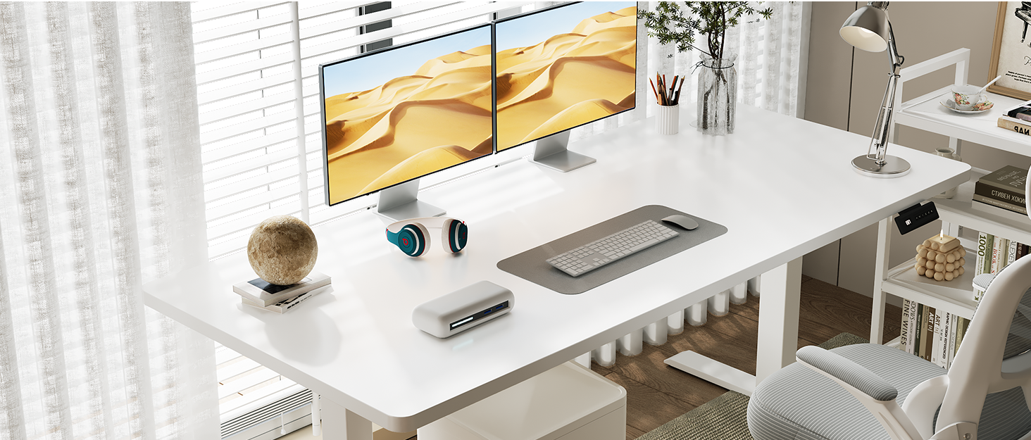 Flamaker Adjustable Height Desk - 140x60cm Electric Standing Desk with Memory & USB Charging (White)