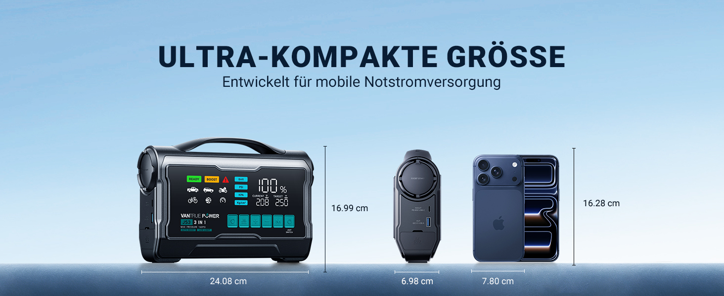 Пусковий пристрій (бустер) VANTRUE POWER JS3 для авто з компресором 160 PSI та функцією Powerbank, чорно-сріблястий