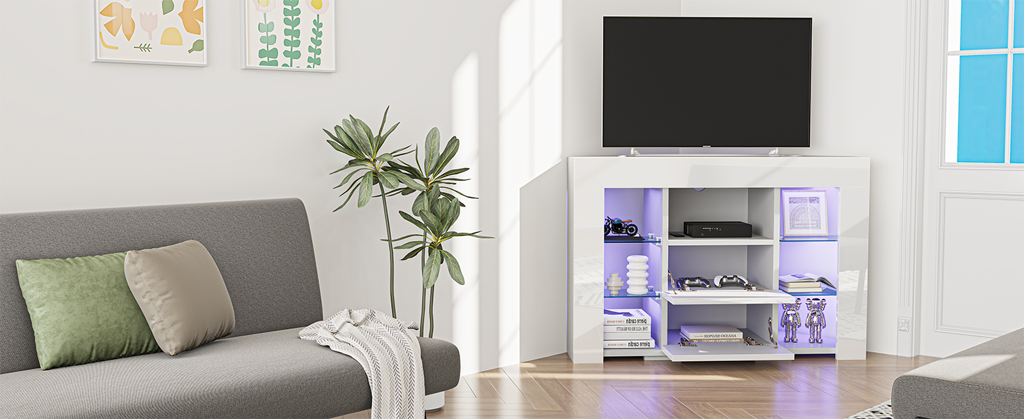 Кутова ТВ тумба Dripex з LED підсвіткою, білий глянець, 100x68x40 см – тумба під телевізор, етажерка для вітальні