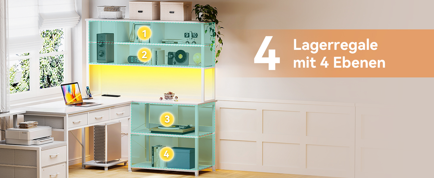 Комп'ютерний стіл Coleshome з 5 шухлядами та 4 полицями 180x100 см, L-подібний стіл з LED-підсвіткою, розетками та USB, великий стіл для home office, білий