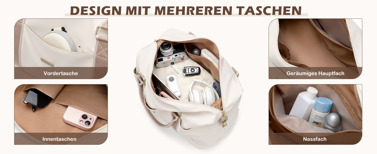 Велика дорожня сумка жіноча 46L Weekender з косметичкою, відділенням для взуття та мокрого одягу, для подорожей літаком (Кремовий)