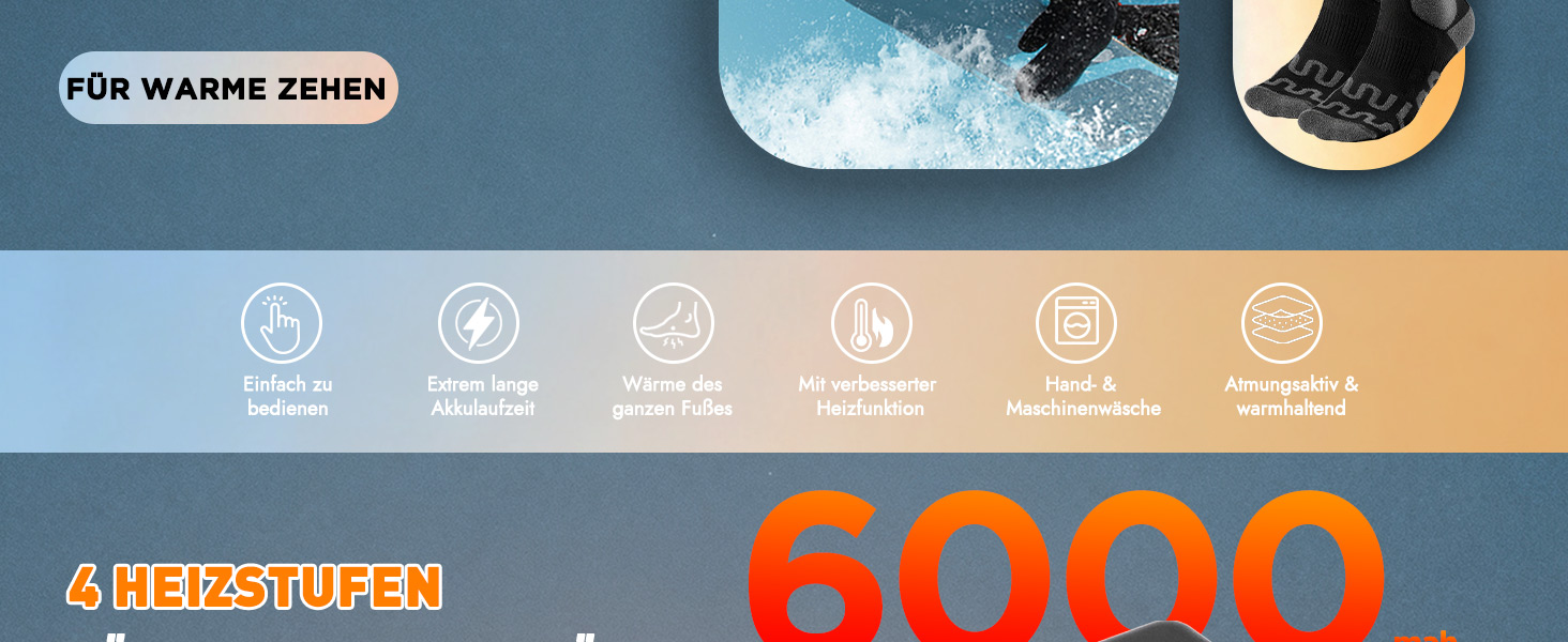 Гріючі шкарпетки для жінок та чоловіків, 5V, 6000 mAh, для катання на лижах, відпочинку на природі, кемпінгу, хайкінгу, розмір 38-44 EU