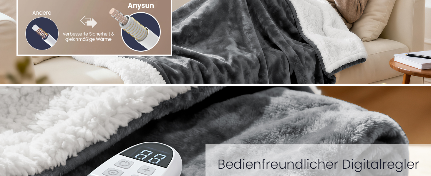 Електрична ковдра AnySun з підігрівом 180x130 см з автовимкненням, 6 режимів нагріву, таймер 10 годин, захист від перегріву, для ліжка, дивану, машинне прання, сіра