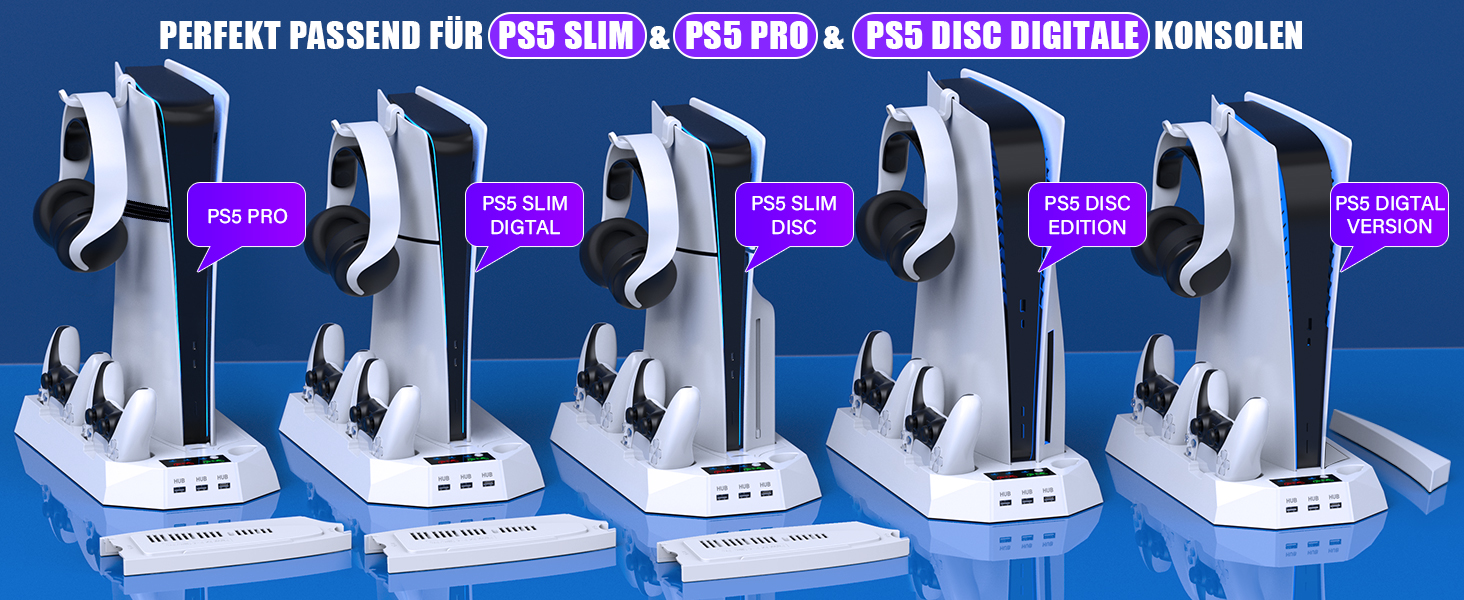 Підставка для PS5 Slim/Pro з зарядною станцією для контролера, RGB-підсвічуванням, вентилятором, тримачем для навушників та USB-хабом, чорно-біла (біла Q211)