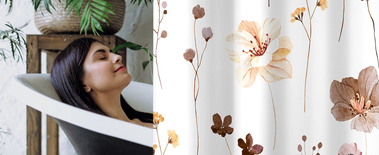 Штора для душу 240x200 см коричнева з квітами, антигрибкова, водовідштовхувальна, поліестер, з кільцями для ванної кімнати