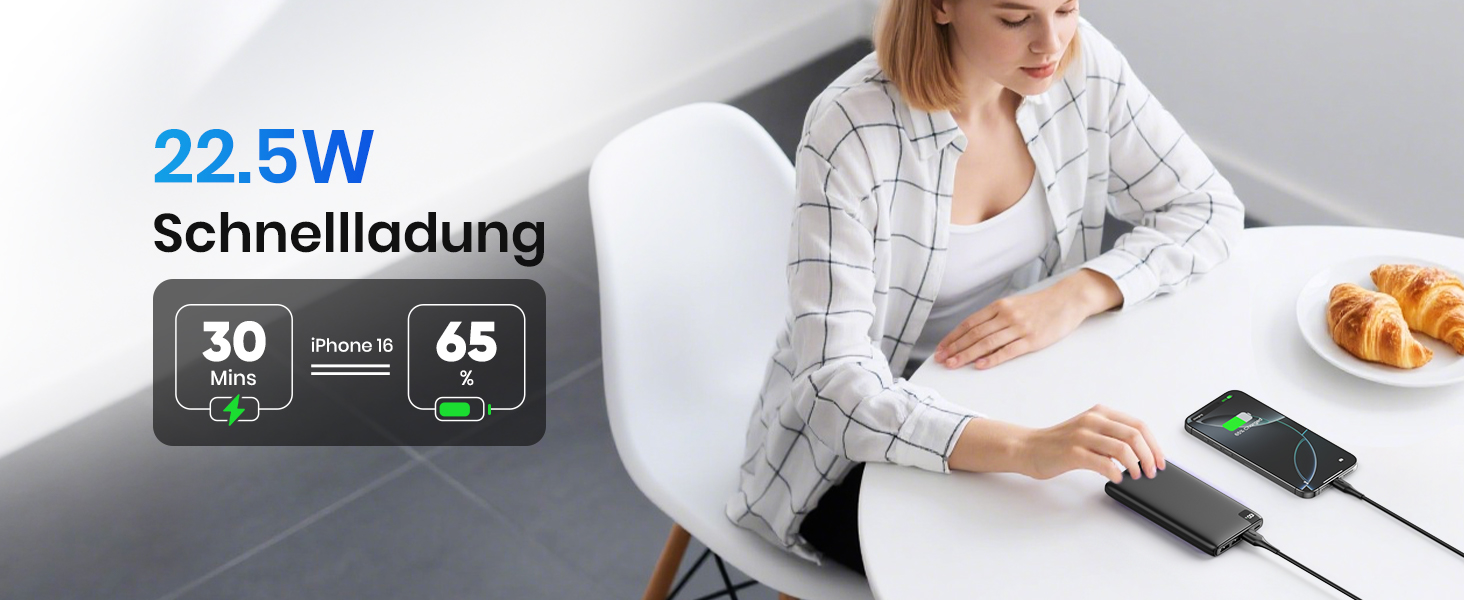 Powerbank 26800mAh з LED дисплеєм: швидка зарядка 22.5W, USB-C вхід/вихід, для смартфонів та планшетів