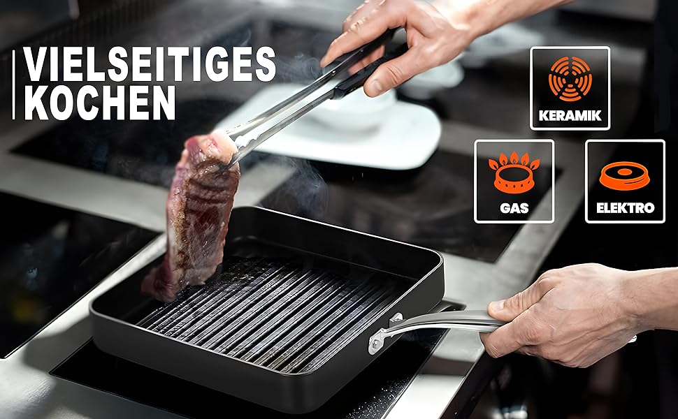 Чавунна сковорода-гриль NutriChef 28 см з антипригарним рифленим покриттям для газових, електричних плит та духовки