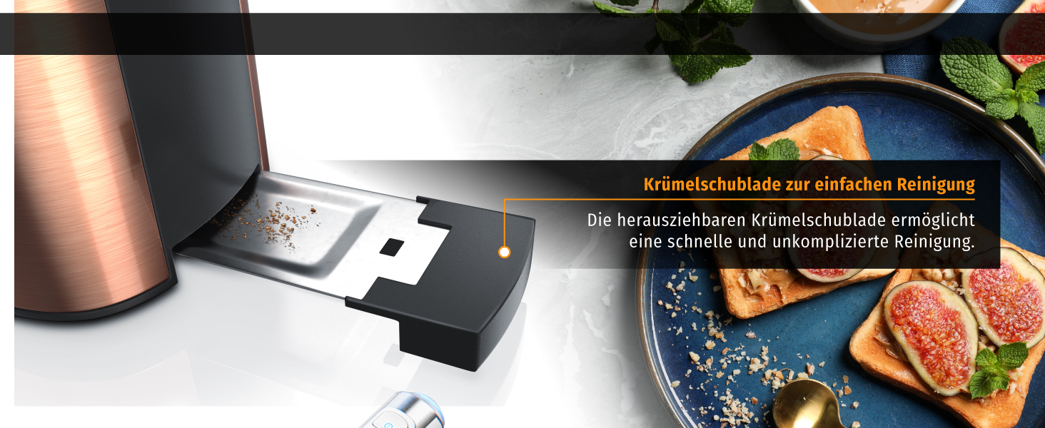 Тостер Arendo Automatik з широкими прорізами, функція розморожування, теплоізоляційне подвійне покриття, вбудований підставка для тостів, висувна шухляда для крихт, сертифікат GS, матеріал: мідь