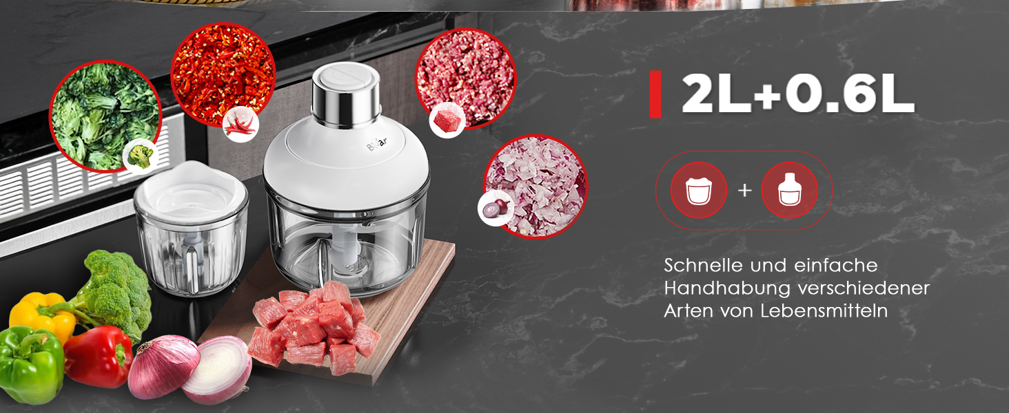 Електричний міні-чопер Bear 0.6L+2L: подрібнювач/м'ясорубка з 4-ма лезами з нержавіючої сталі, скляний контейнер для м'яса, дитячого харчування, фруктів та овочів