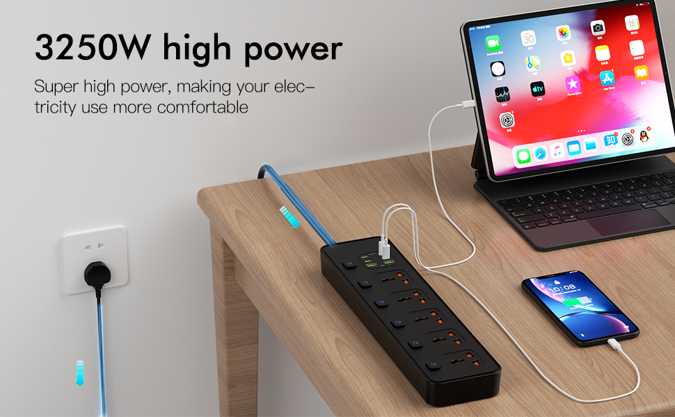 Мережевий фільтр Steckdose Universal з індивідуальними вимикачами, 5 розеток, 3250W, кабель 1.8м, 4 x USB-C 20W та 2 x USB-A, мережева стрічка