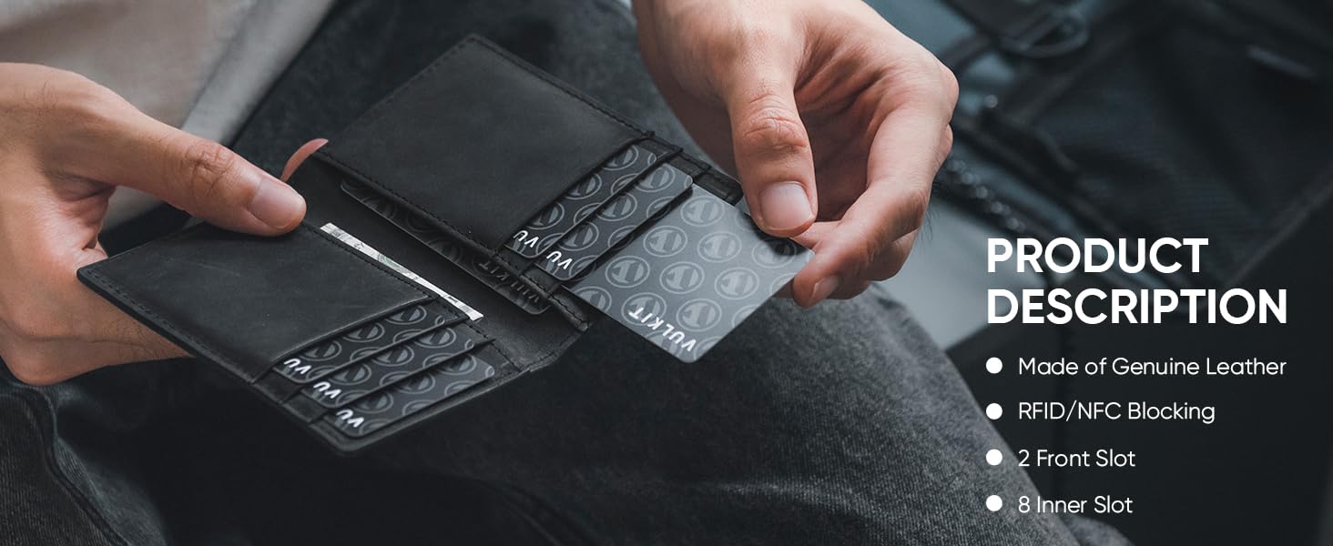 Чоловічий шкіряний картхолдер VULKIT з RFID захистом, чорний - Slim Wallet для 10 карт