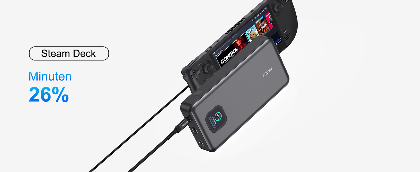 Power Bank 140W, 25000mAh з дисплеєм для ноутбука, MacBook, iPad, iPhone, Switch, Dell XPS (Сірий)