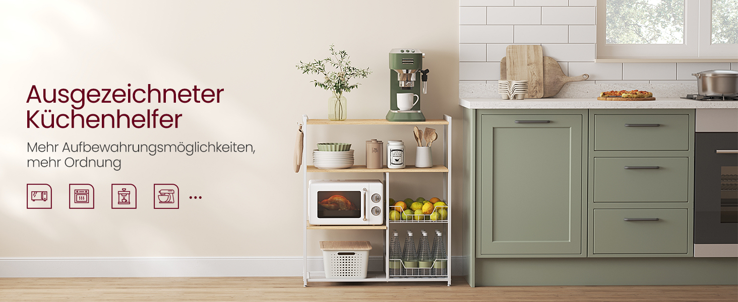 Стелаж кухонний VASAGLE з 2 металевими кошиками, стелаж-пекарня з гачками та полицями, для мікрохвильової печі, 35 x 80 x 93,5 см, золотий дуб + білий