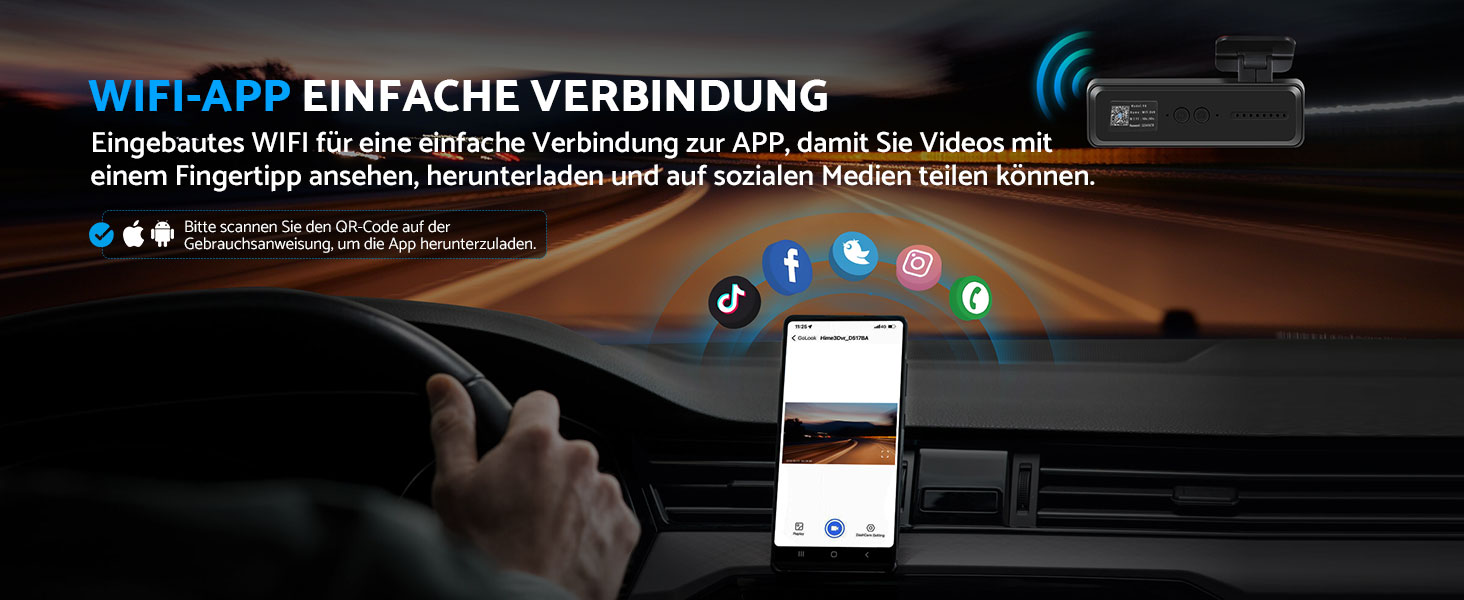 eSynic Міні відеореєстратор (Dashcam) Auto WiFi 1080P Full HD – 160° Широкий кут, Нічне бачення, G-сенсор, Паркувальний режим, Керування через App, WiFi, 32GB SD-карта в комплекті