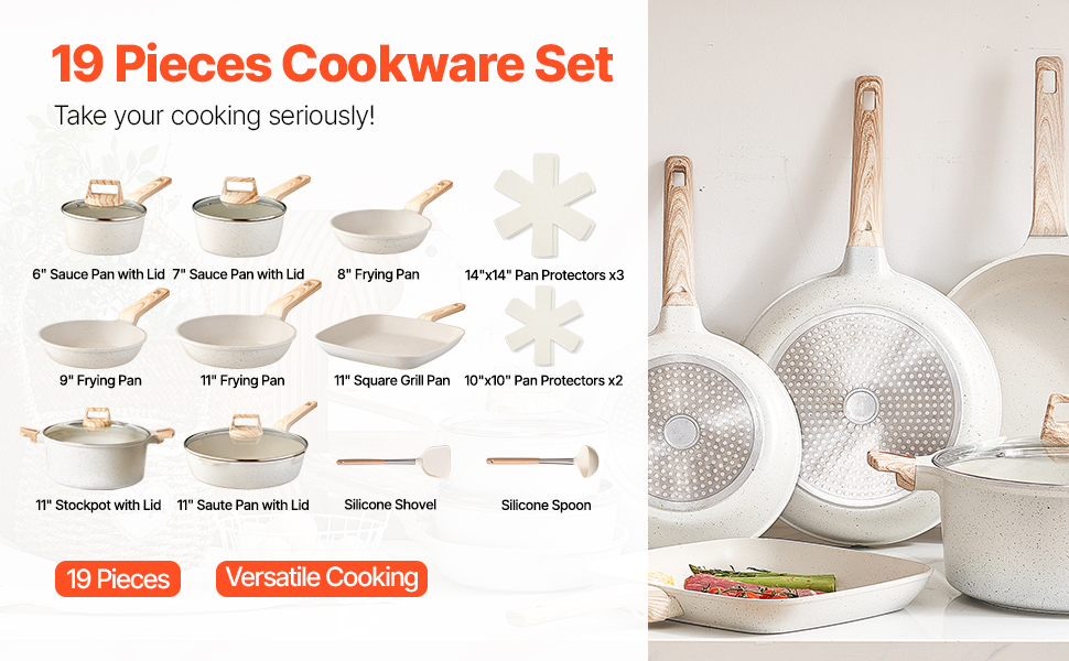 Набір посуду VEVOR з нержавіючої сталі 19 предметів з кришкою з термостійкого скла, антипригарне покриття, для приготування їжі на індукційній плиті, підходить для кемпінгу та дому (білий)