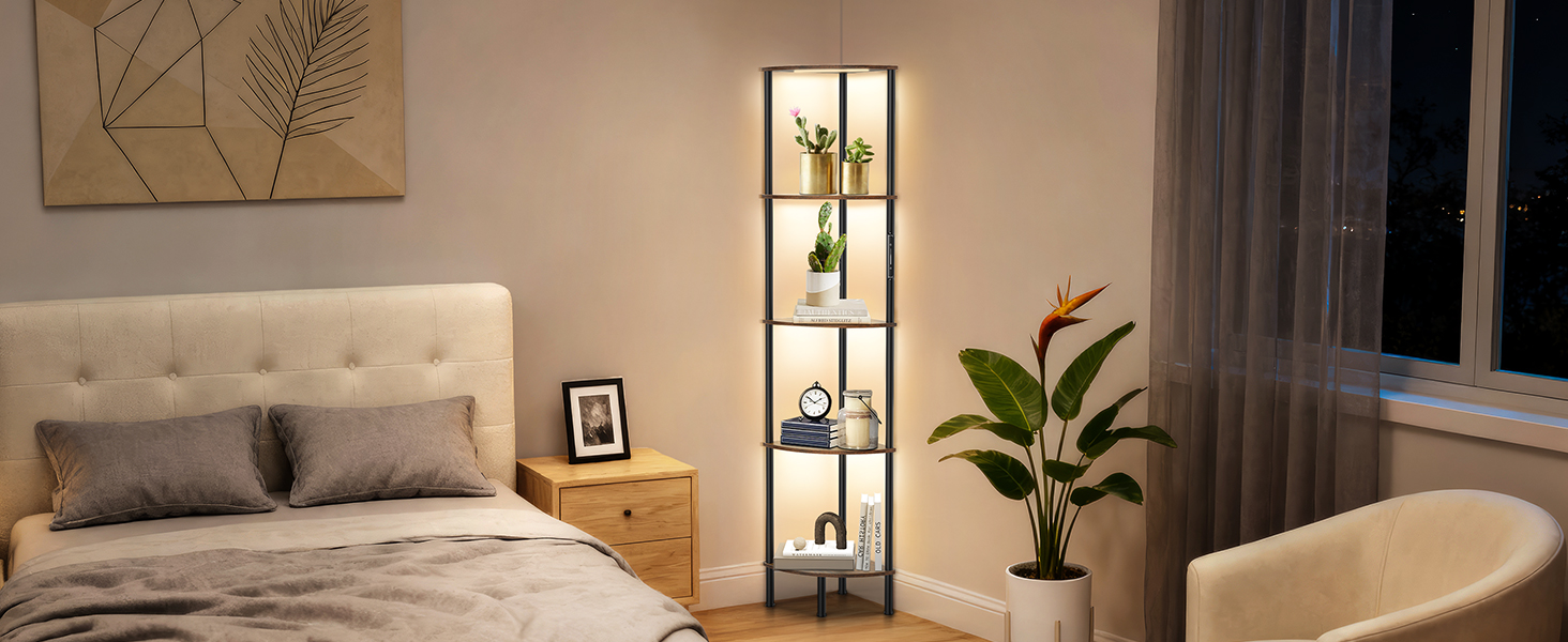 Стійка лампа OUTONLIFE з полицями, LED, 3 режими, регулювання яскравості, пульт, 5 ярусів, для вітальні, спальні, офісу, колір: Rustic Brown