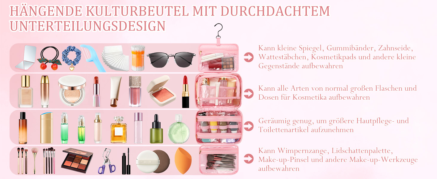 Кришталево-рожева дорожня косметичка для жінок з організатором для прикрас та гачком, водонепроникна, з кількома відділеннями