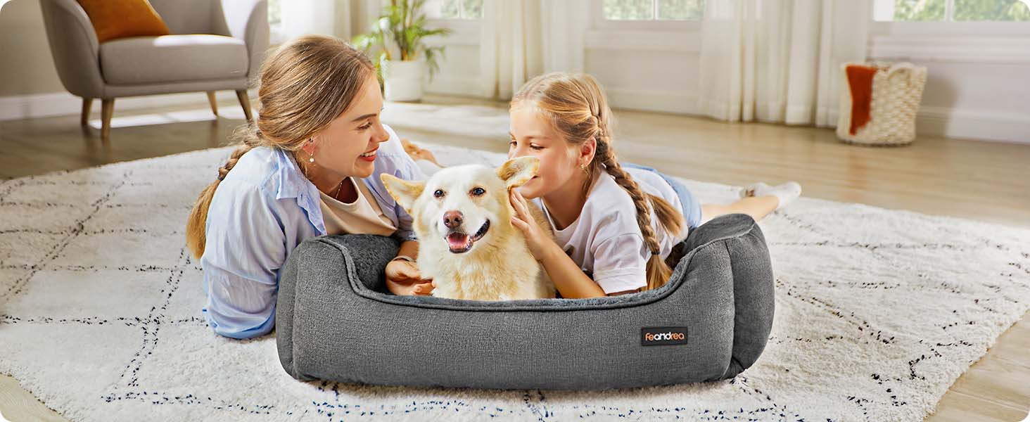 Ліжко для собак Feandrea, м'який лежак для собак з льоновим покриттям, кошик для собак, підняті бортики, неслизьке дно, знімний та пральний чохол, L, для середніх собак, 90 x 75 x 25 см, світло-сірий