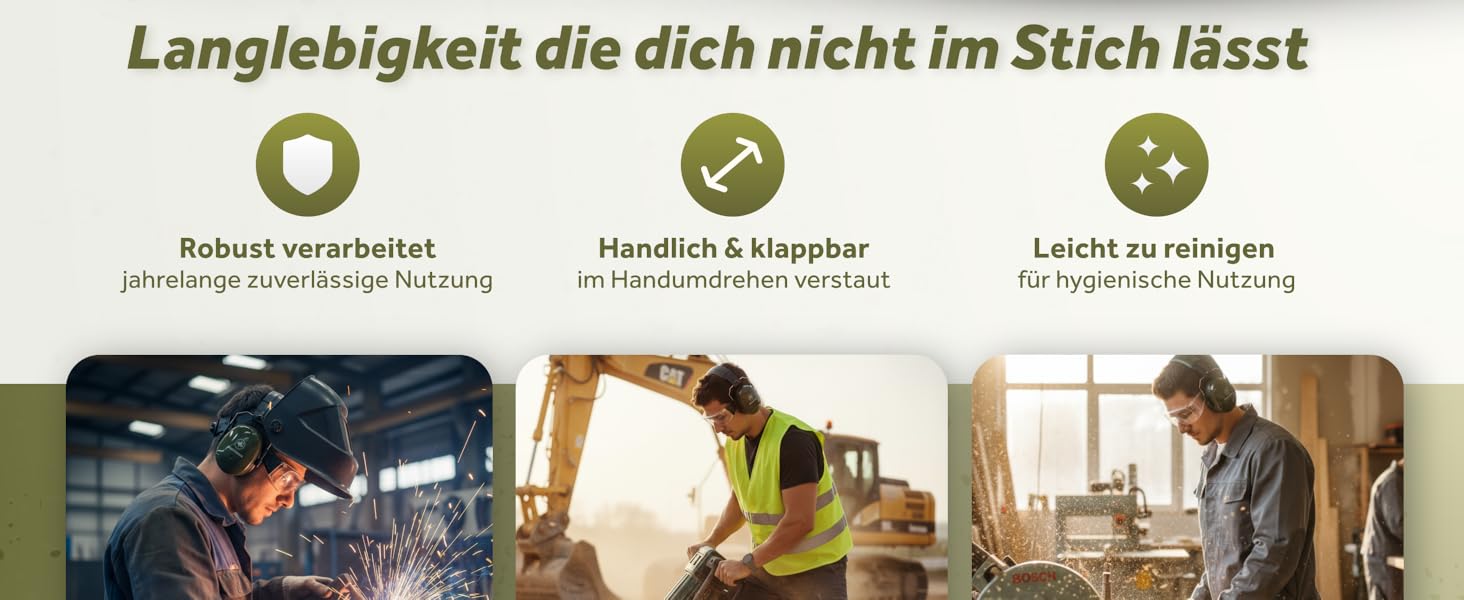 Schallwerk Work+ | Захист слуху для роботи – наголовники з регульованим розміром, високоякісні навушники для шумозаглушення – капелюхоподібні навушники для роботи та повсякденного використання (оливковий)