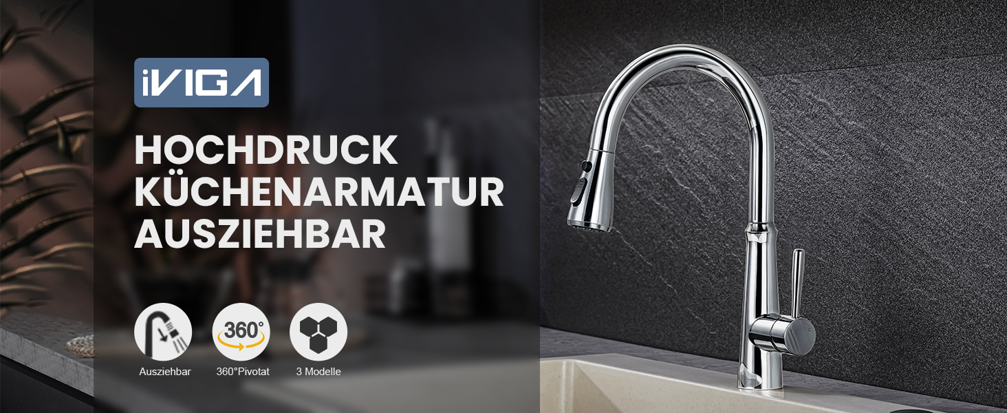 Змішувач кухонний iVIGA висувний з дощувачем, водоспад, 360° поворот, 3 режими, брашований нікель