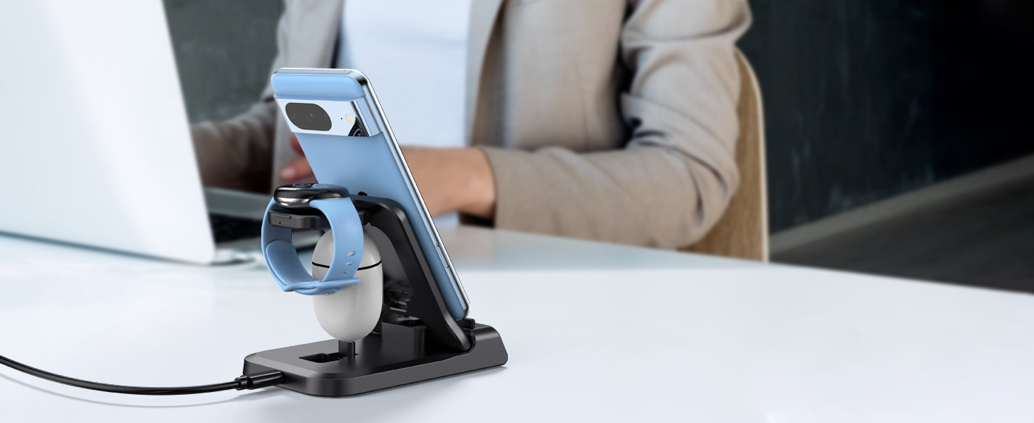 Зарядна станція 3-в-1 для Google Pixel Watch 3/2 та смартфонів Pixel, 25W USB-C, SwanScout 701G2 (Не для Pixel Watch 4/1)