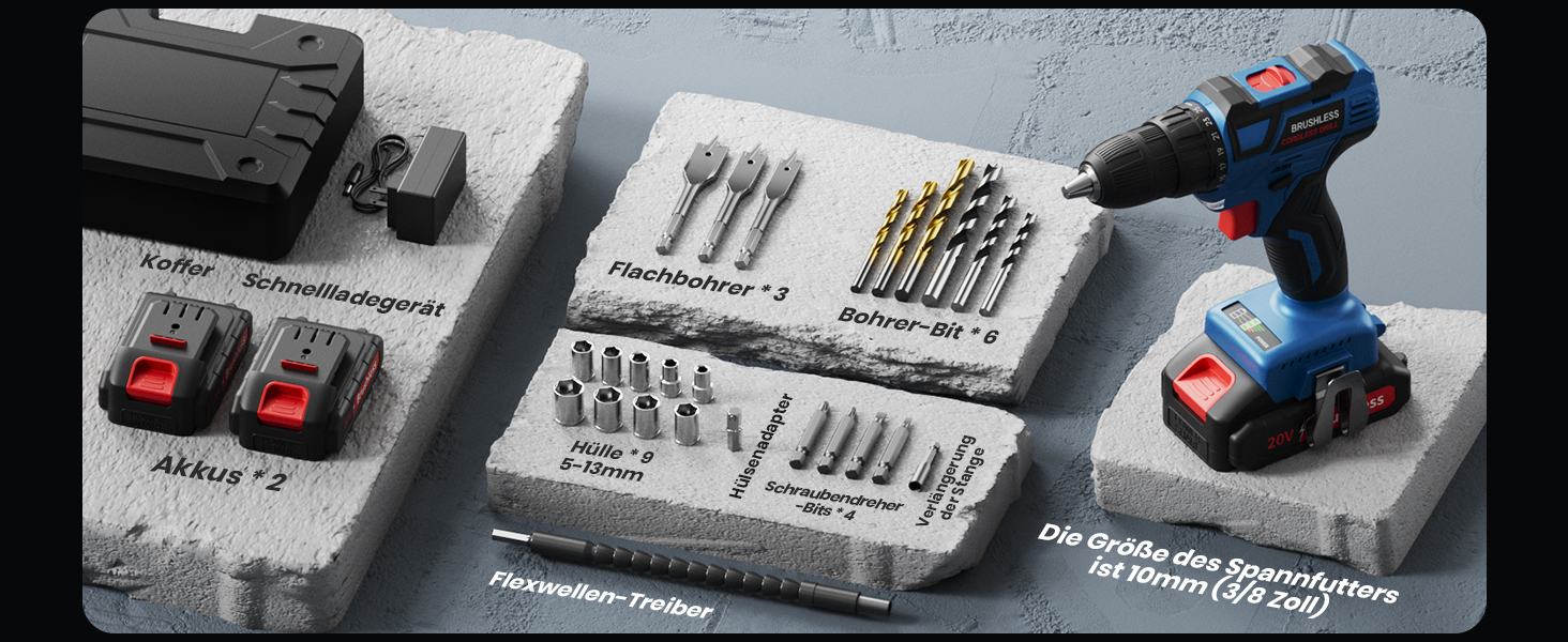 Акумуляторний дриль-шуруповерт 20V Brushless з набором інструментів (2 акумулятори 2.0Ah), 60Nm, 25+1 ступенів, LED-ліхтар, 10 мм патрон, 2 швидкості, для ремонту та DIY, синій