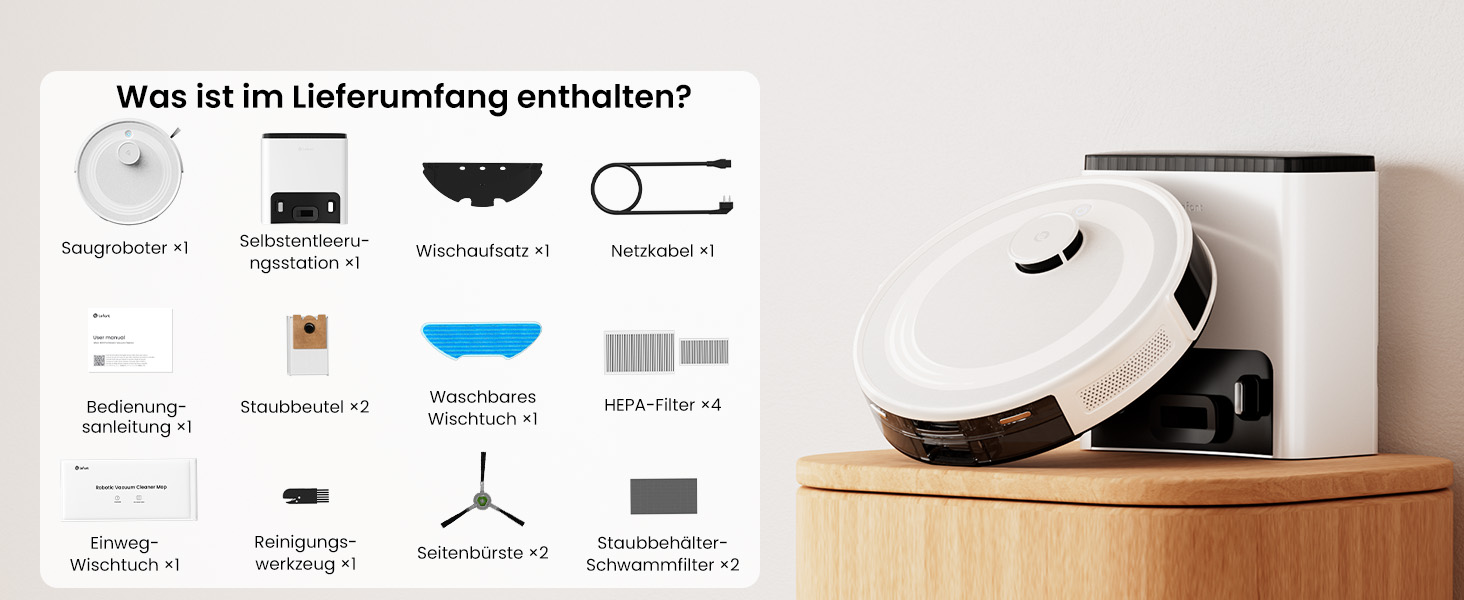 Робот-пилосос LEFANT M2Plus з функцією миття, 6000Pa, LiDAR-навігація, самоочищення, для видалення шерсті тварин, білий