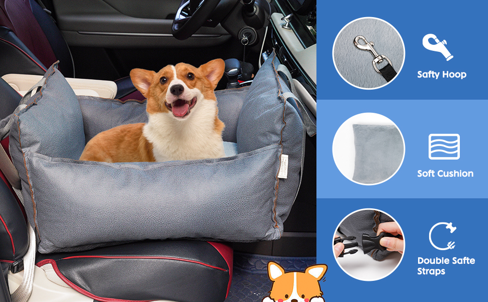 Автокрісло-ліжко для собак та котів: якісний матеріал, безпека, багатофункціональне ліжко з потовщеним подушкою та ременем безпеки (сірий, блакитний)