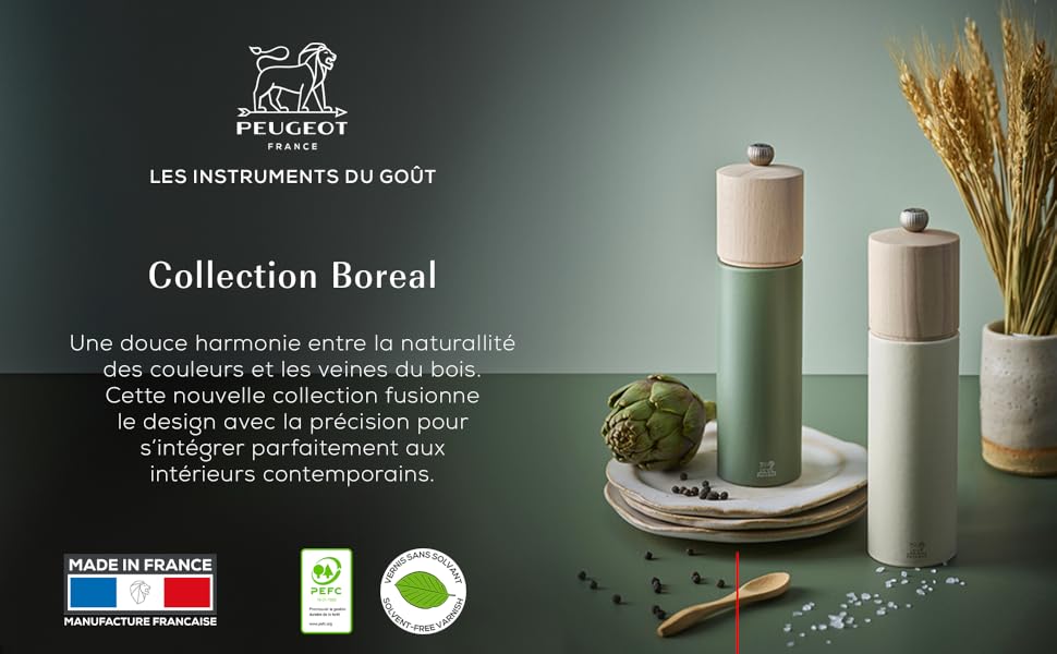 Набір млинків Peugeot Duo Boreal 21 см для перцю і солі, букове дерево, PEFC, нержавіюча сталь, класичне регулювання, сірий та рожевий, французьке виробництво