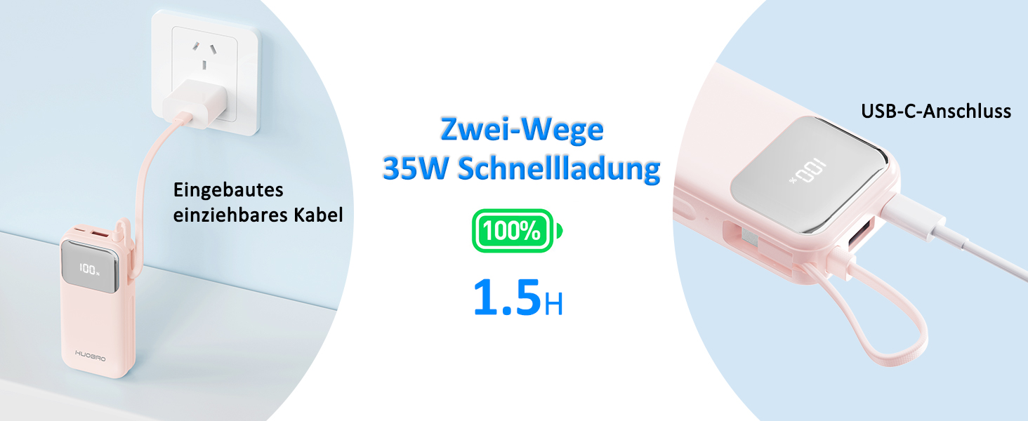 Power Bank 10000mAh з USB-C кабелем, PD 35W, LCD дисплей, для iPhone, Samsung, iPad та інших пристроїв (Блакитний)