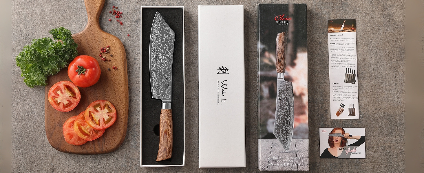 Ніж кухарський Wakoli EDIB Pro Damast BBQ & Blockmesser 20 см з лезом з 67 шарів дамаської сталі (VG10) з ергономічною ручкою з паккавуда для м'яса, гриля та смаження. У подарунковій коробці. Без гравіювання.