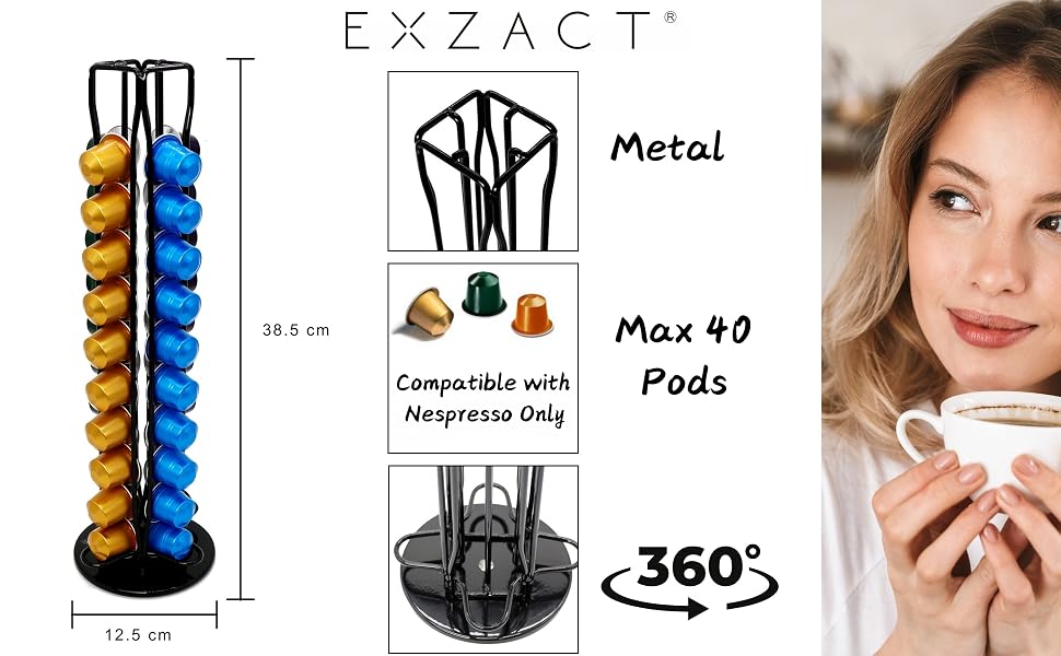 Органайзер для кавових капсул Exzact, сумісний з Nespresso (на 40 капсул), обертовий стійка-холдер 360°, протиковзкий, чорний