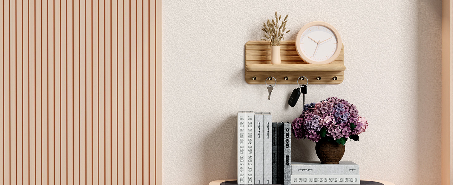 Дерев'яне ключове дошка з полицею та 6 гачками для прихожей, коридору, кухні