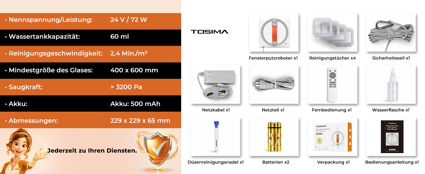 Робот-мийник вікон Tosima WA9C Pro з 4 форсунками, 6 режимами очищення, інтелектуальною навігацією, посиленою адгезією та пультом дистанційного керування (білий/помаранчевий)