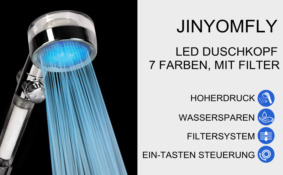 JINYOMFLY LED Shower Head with Lights, Shower Head with LED Lighting, 15CM Shower Head Color Changing, 3 Shower Modes Shower Light, Shower Head Light with Liquid Silicone Nozzle (Round, with Filter)