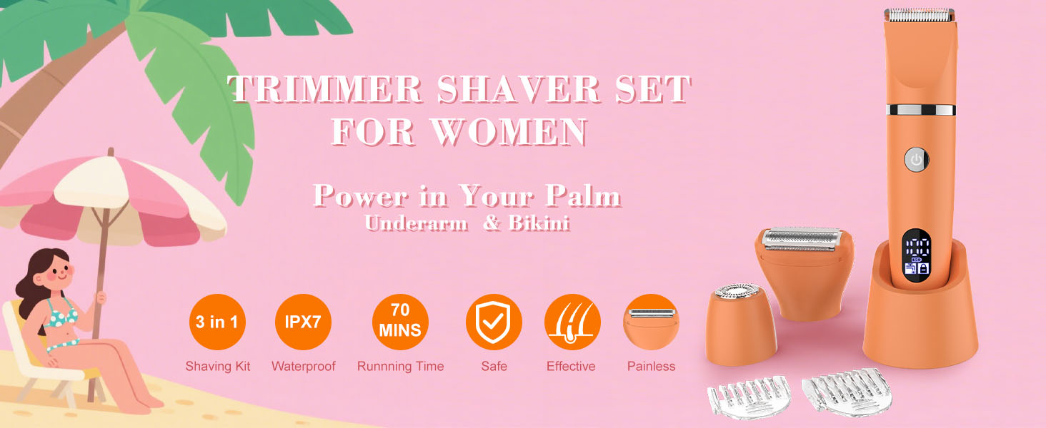 Електричний жіночий триммер 3-в-1 для обличчя, тіла та зони бікіні. Вологостійкий, з LCD-дисплеєм, помаранчевий