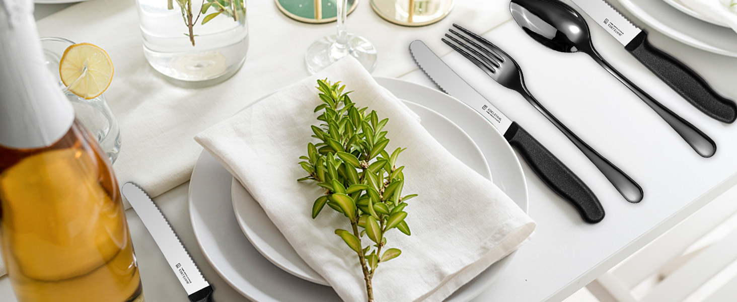 Набір столових приборів на 6 осіб, Targzier, 36 предметів, нержавіюча сталь, з ножами для стейка, преміум-якість, для сім'ї/вечірки/готелю, чорний колір, придатний для миття в посудомийній машині