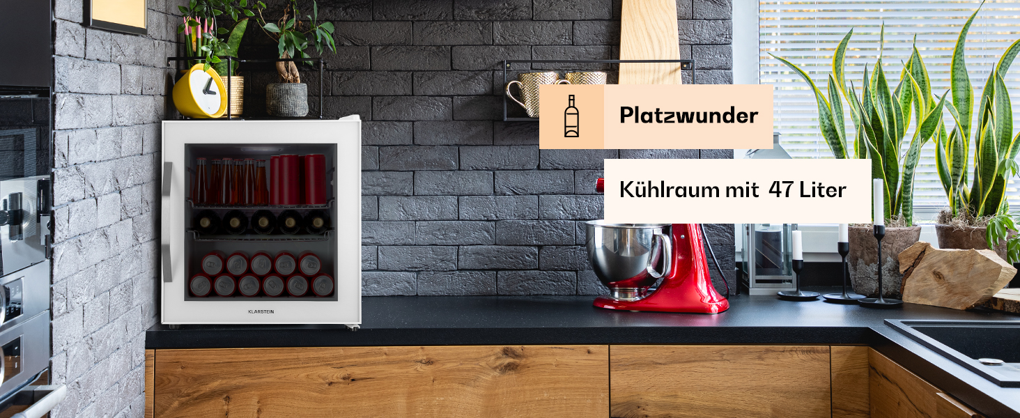 Міні-холодильник Klarstein з дверцятами зі скла, для кімнати, холодильник для напоїв, регульовані полиці, маленький 47 літрів, для приміщення/зовнішнього використання, тихий, 47 л, чорний