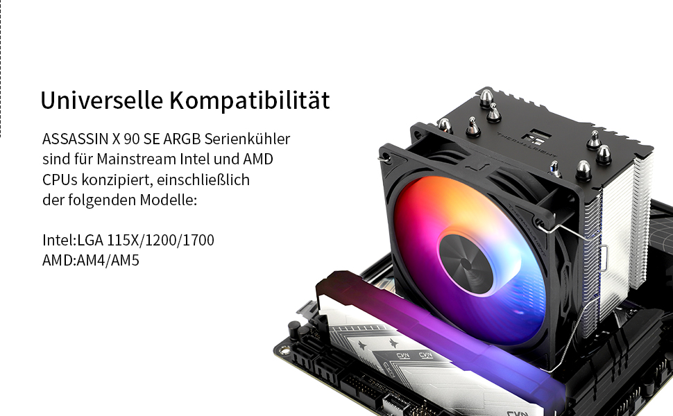 Thermalright Assassin X 90 SE ARGB: Кулер для CPU з 4 тепловими трубками, 92 мм вентилятор, технологія AGHP 4th, сумісний з AMD AM4/AM5/Intel 1700/1150/1151/1200