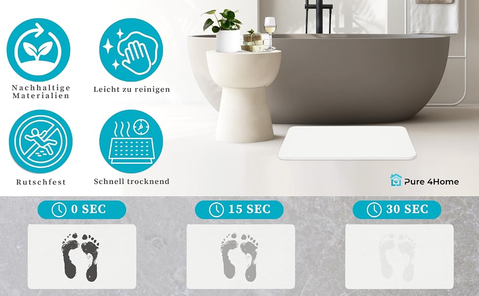 Діатомітовий килимок для ванної Pure 4Home Kieselgur 60x40 см, швидкосохнучий та антибактеріальний підклад, білий