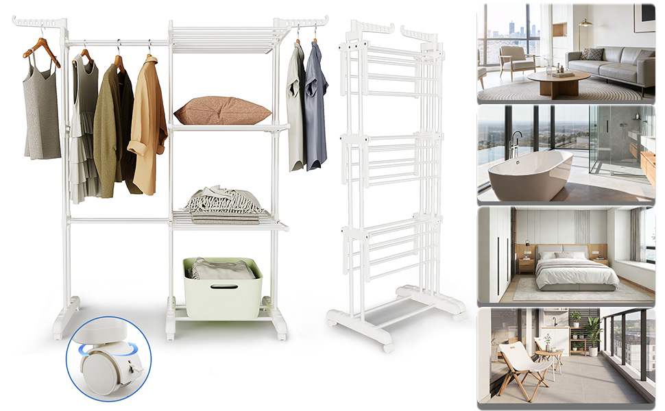 Турбо сушарка для білизни з колесами, сіра, 3 яруси, 2 в 1