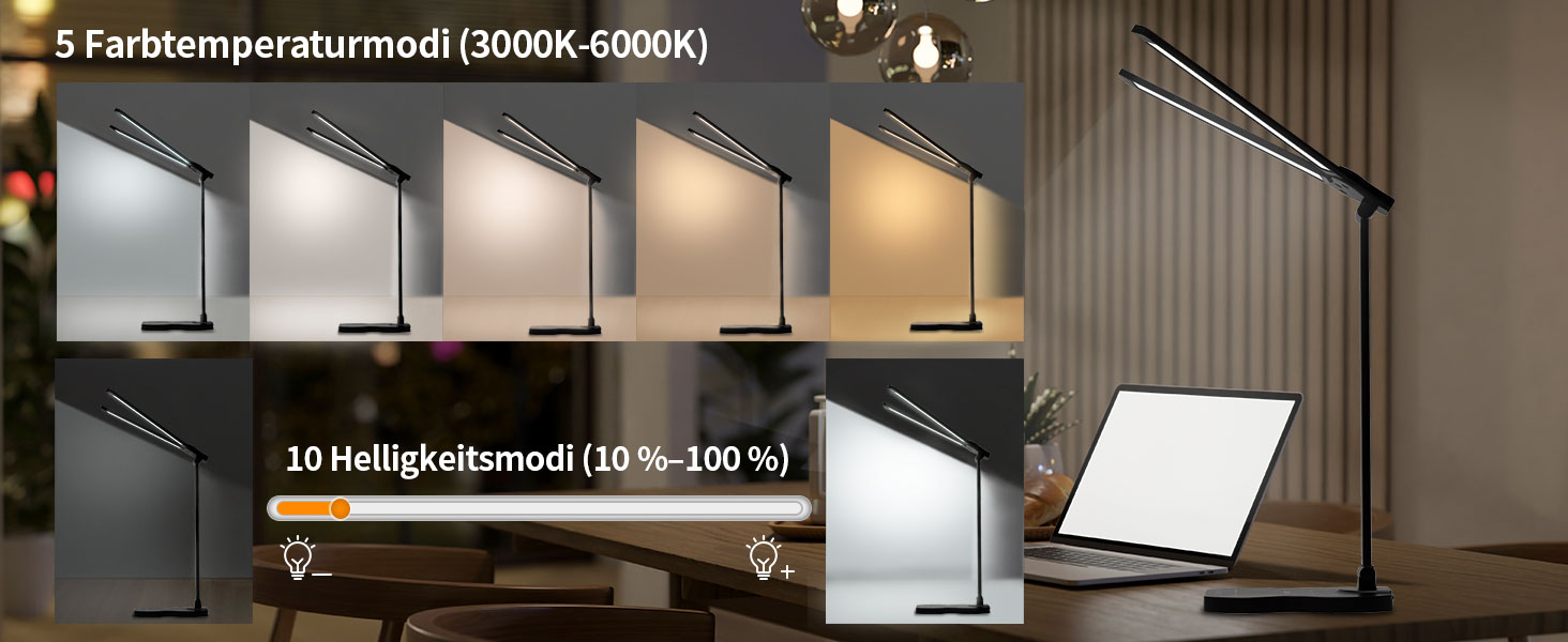 LED лампа настільна LQWELL® QM019, чорна: регулювання яскравості, 5 кольорів, 10 рівнів, USB-зарядка, сенсорне керування, пам'ять, для дітей, офісу